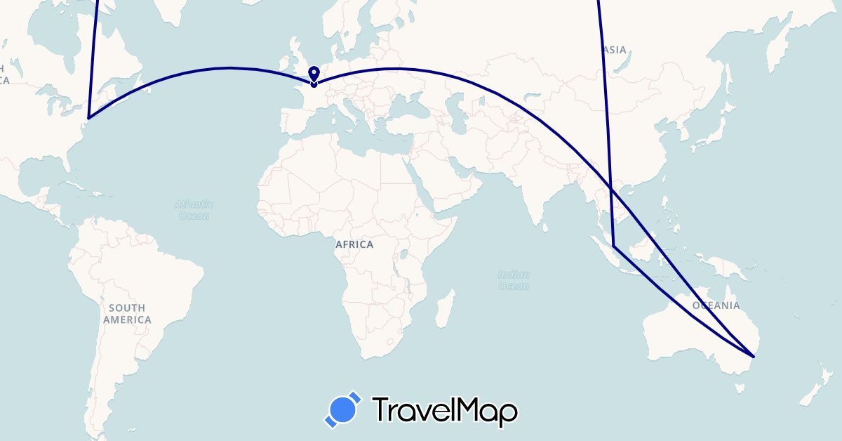 TravelMap itinerary: driving in Australia, France, Singapore, United States (Asia, Europe, North America, Oceania)